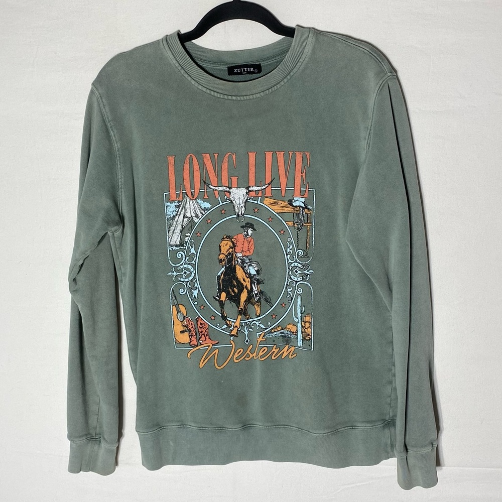 Sutter USA Oversized Long Live Western Green Long Sleeve Graphic Tee T Shirt S